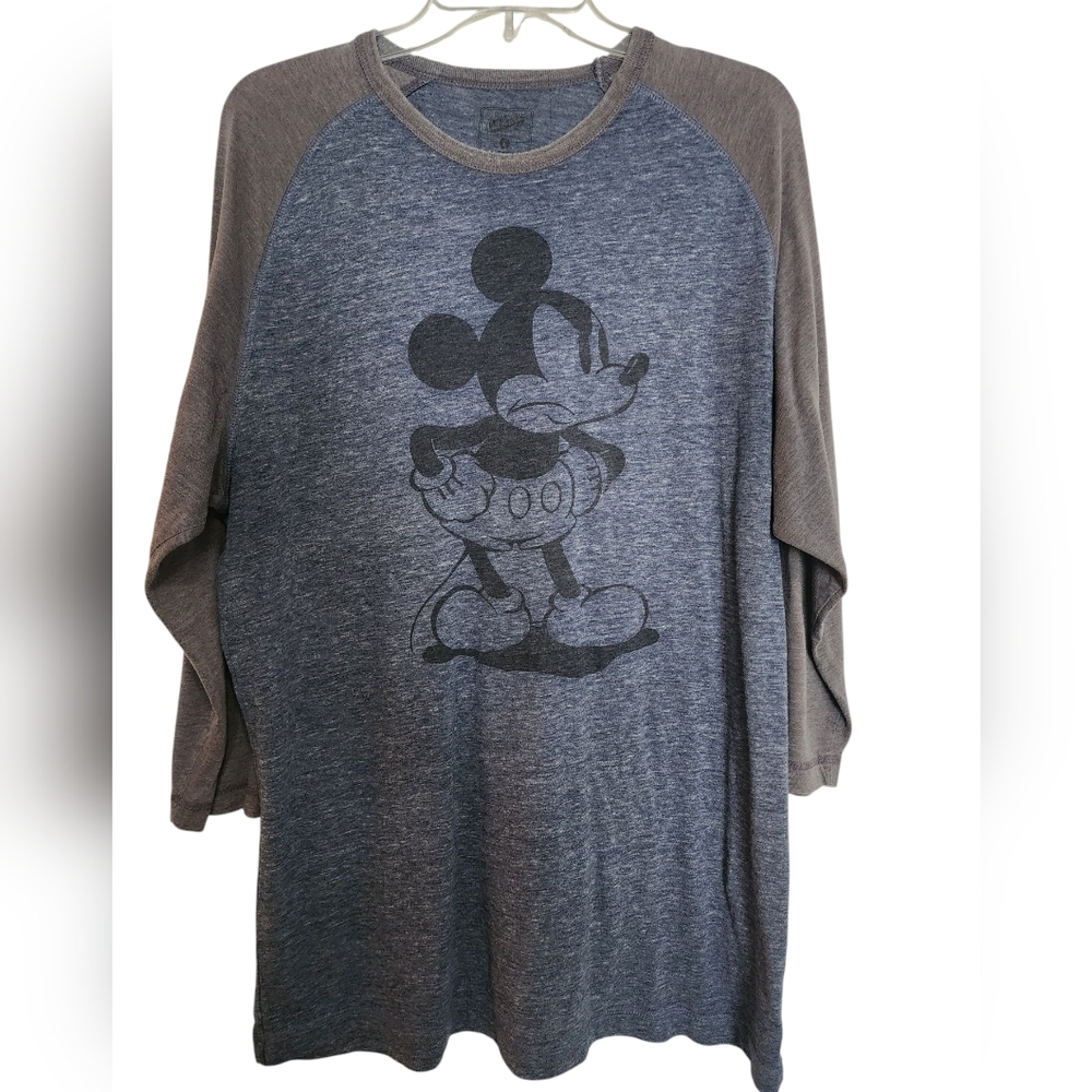 Old Navy Men's Long Sleeve Raglan Tee - Heather Blue & Gray with Mickey Print
